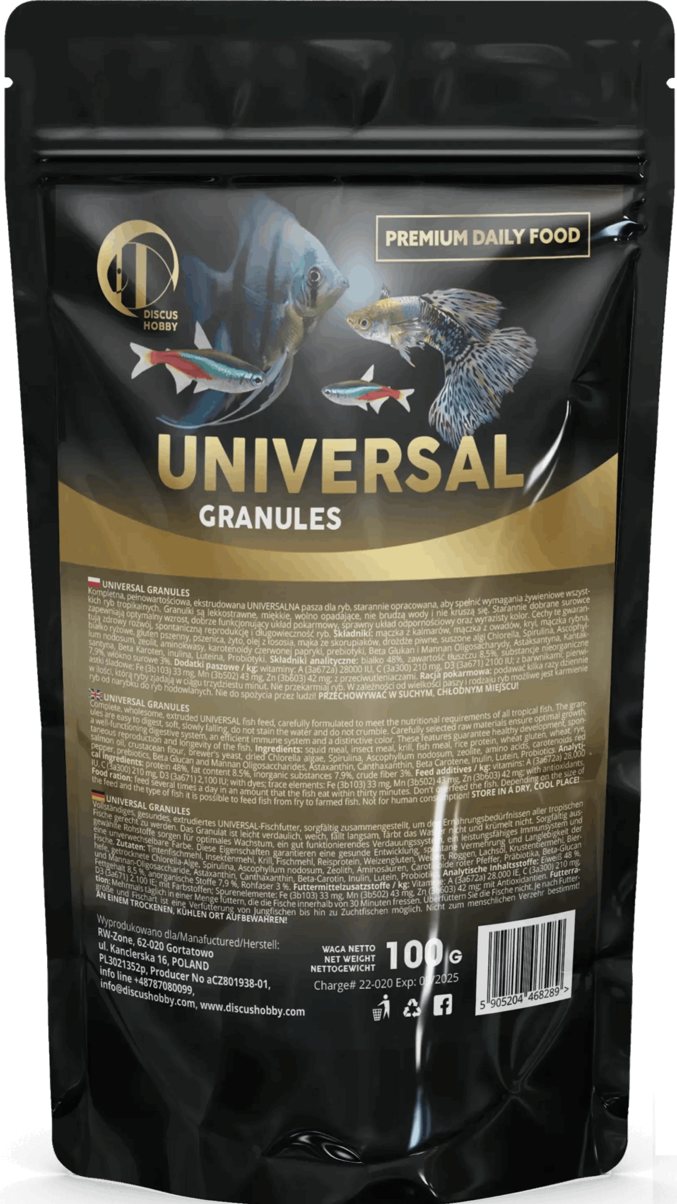 Gold Universal GranulesGold Universal Granules Complete, wholesome, extruded UNIVERSAL fish feed, carefully formulated to meet the nutritional requirements of all tropical fish. The granules are easy to digest, soft, slowly falling, do not stain the water